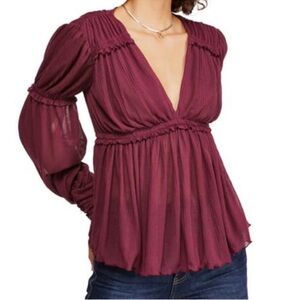 Free People Burgundy Pleated V-Neck Long Sleeve Blouse